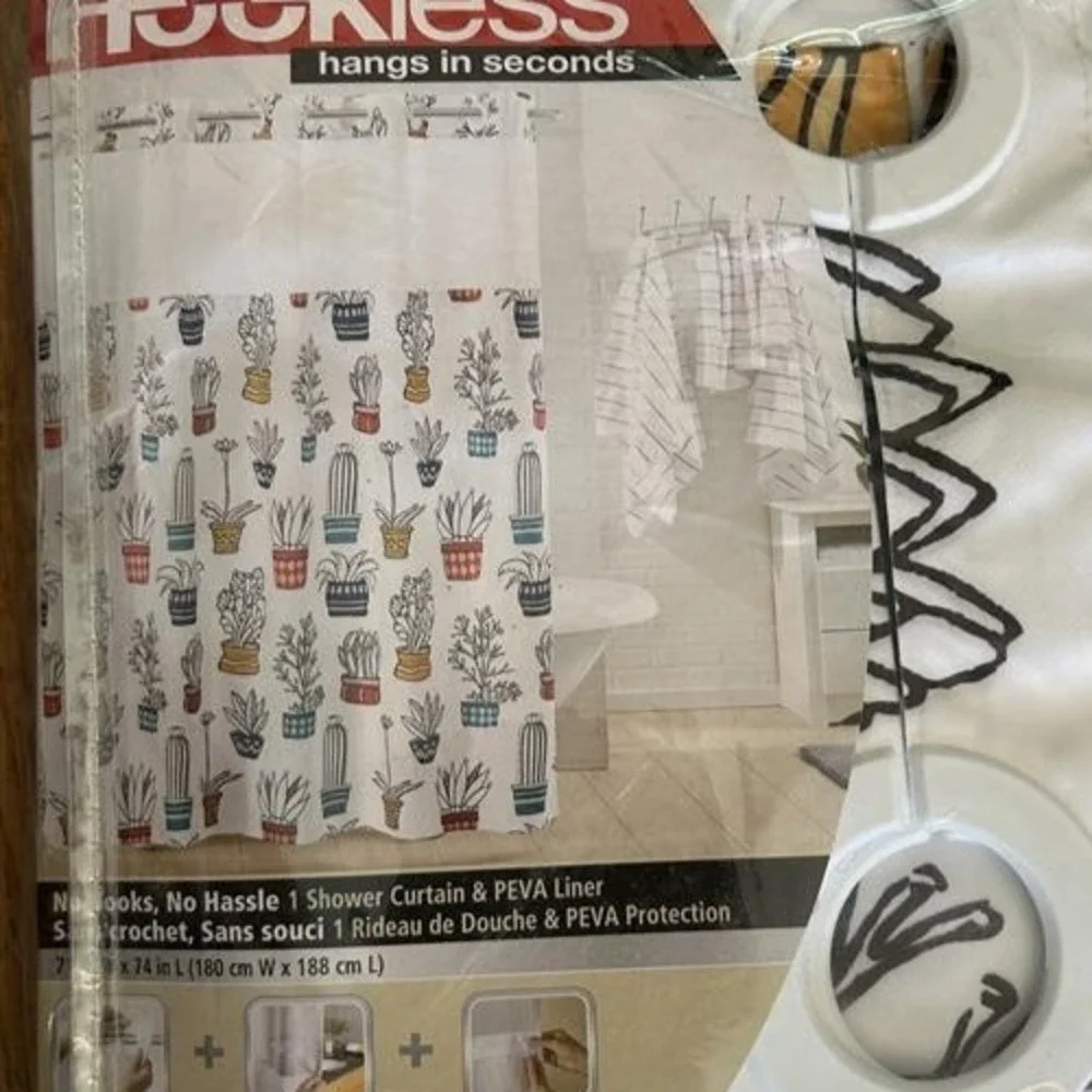Hookless Cactus Succulents Fabric Shower Curtain with Liner 3-in-1 Set White